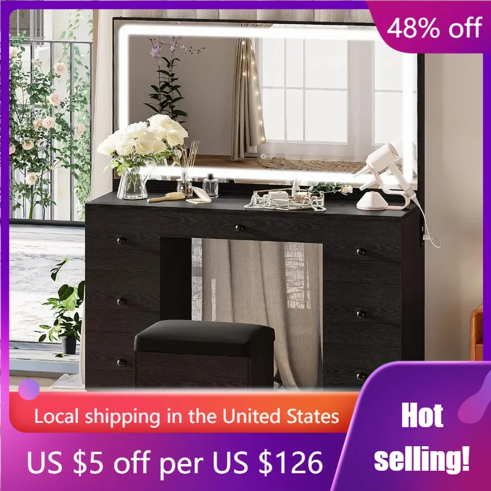 

Vanity Makeup Desk Set With LED Lighted Mirror & Power Outlet Dressing Tables for the Bedroom Hairstyle Black Freight Free Table