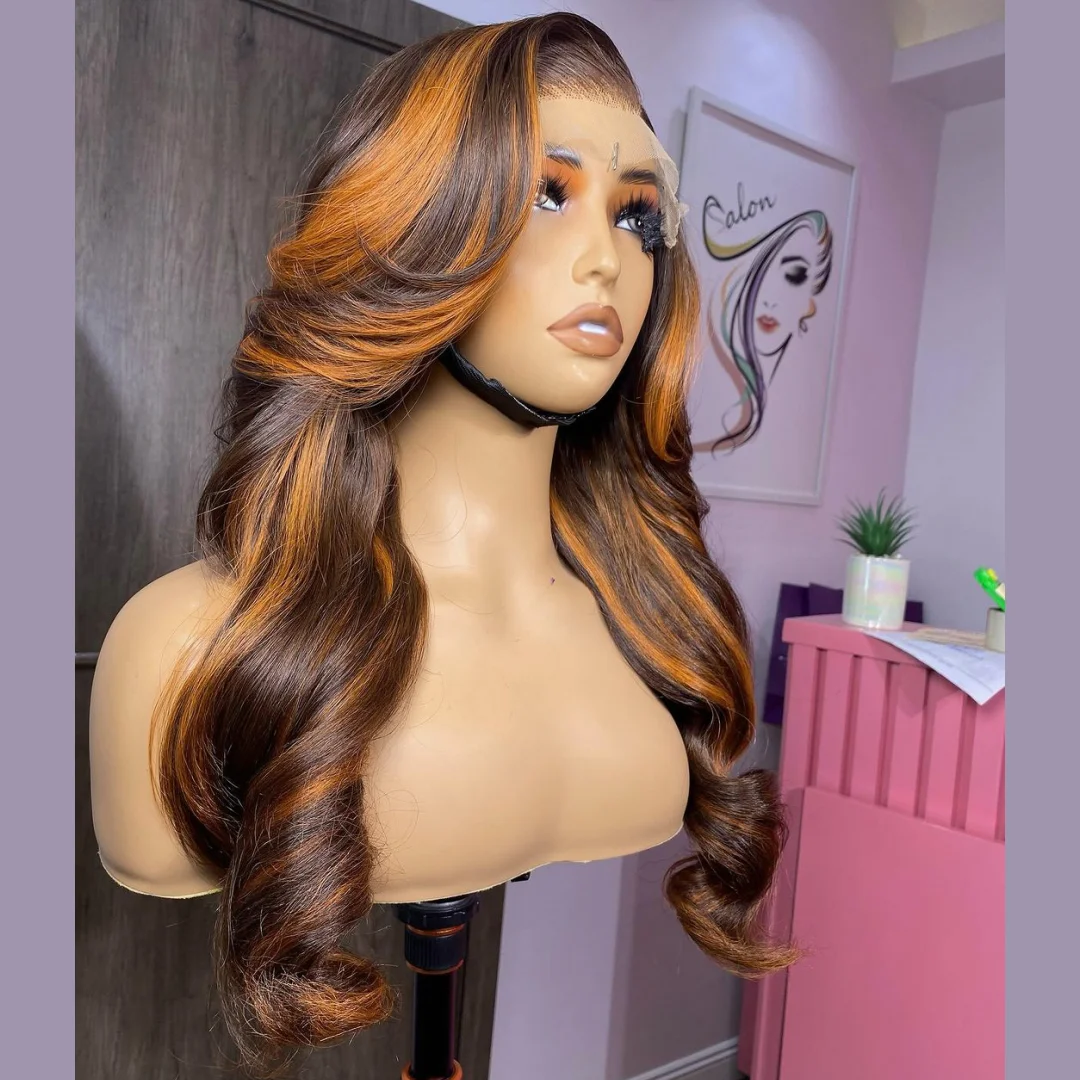 Video-Orange Blonde Lace Front Wigs for Women, Body Wave, Ombre Highlight, Brown Lace Front Wig, Cosplay Wig, Synthétique, 13x4