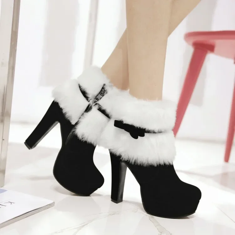 ผู้หญิง Bowknot Design Stiletto Heel Fuzzy ข้อเท้าฤดูหนาวรองเท้ากันน้ําแพลตฟอร์มรองเท้าส้นสูงโบว์ตกแต่งคริสต์มาสสีแดง