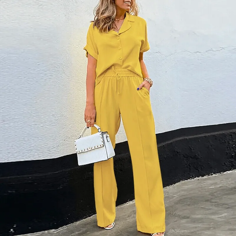 Fashion Short Sleeve Solid Shirt And Pants Two Piece Set Women 2024 Summer Casual Wide Legs 2 Piece Sets For Women