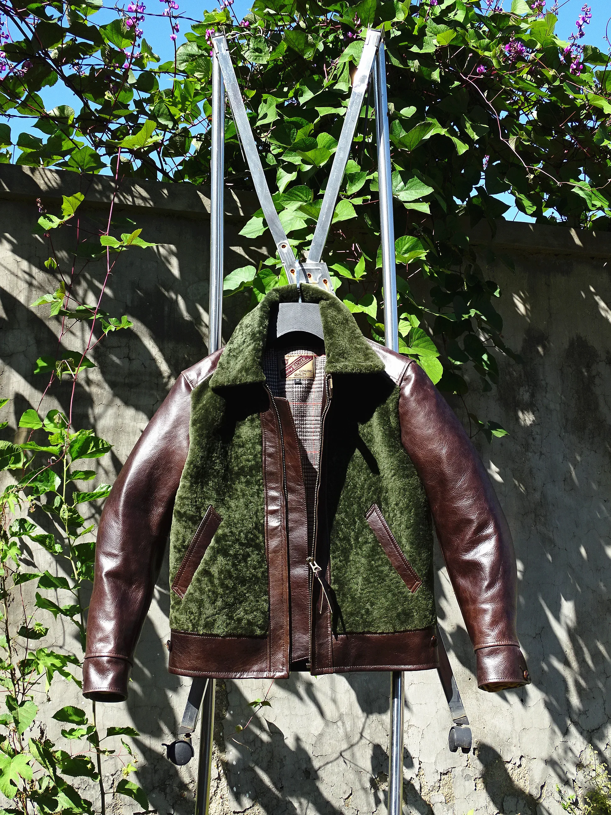 

Turkish original cashmere & Italian oil waxed sheep fur men's retro army green bear leather jacket