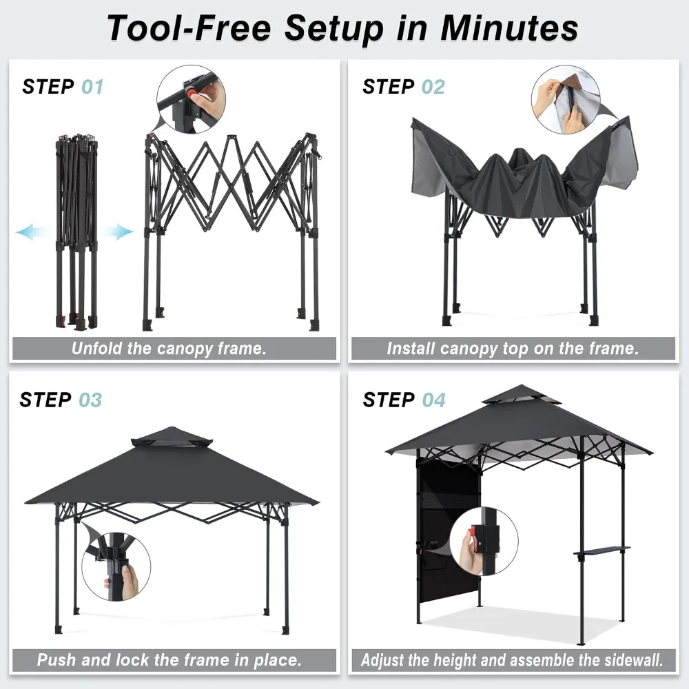 8x5 Pop Up BBQ Grill Gazebo with Lights and Sidewall Deep Gray
