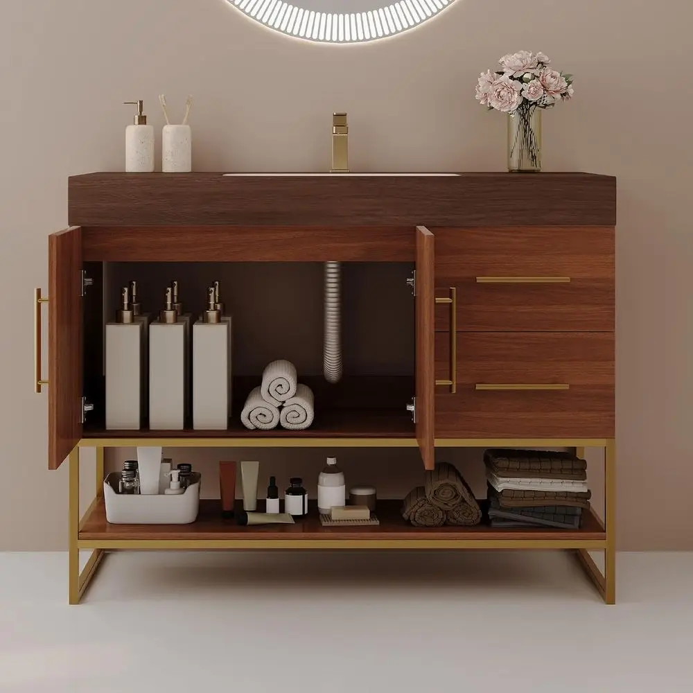 

36 Walnut Vanity with Ceramic Sink, Solid Wood Cabinet, 2 Soft-Close Drawers, Brushed Gold Metal Legs