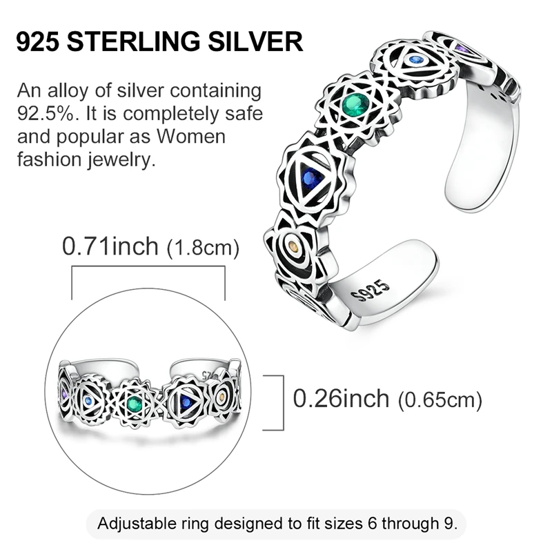 Original 925 Sterling Silber Funkelnde Bunte Yoga-Chakra Offene Ringe für Frauen und Mädchen, Schmuck, Geburtstags- und Jubiläumsgeschenke – Detail 4