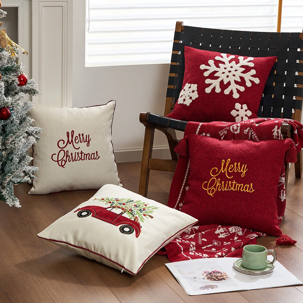 Merry Christmas Letter Embroidery Sofa Pillowcase Canvas Red Christmas Throw Pillow Cover Headboard Pillowcase Decor Home