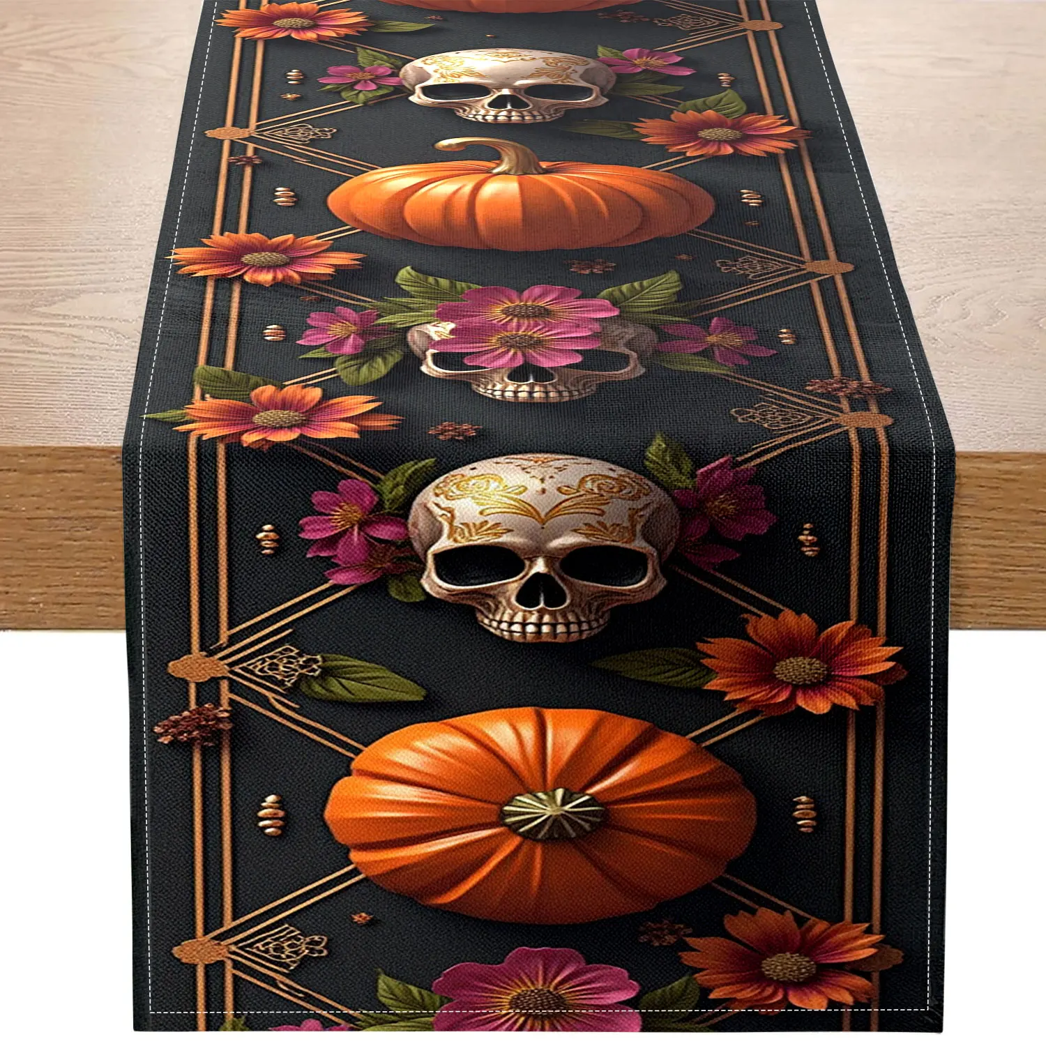 

1 Piece of Vintage Geometric Halloween Table Runner, Featuring Pumpkins, Carved Skulls with Colorful Florals on a Black Background, Suitable for Halloween Parties, Themed Restaurants, Creative Studios, Home Decor, Holiday Gifts, Art Exhibitions, Vintage S