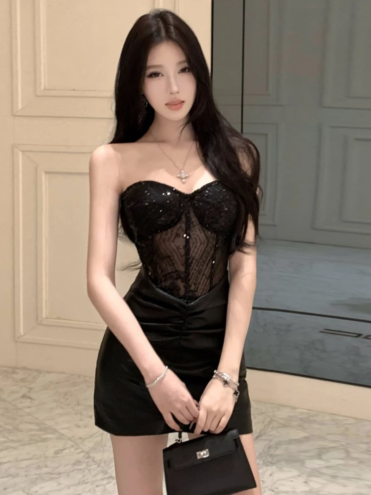 Foamlina elegante mouwloze strapless jurk voor dames, sexy zwarte doorzichtige mesh patchwork slanke mini-nachtclubjurk met ruches