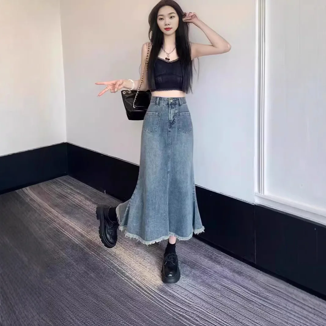 Women's Long Fishtail Denim Skirt, Vintage Plus Size, New  Spring/Summer, Frayed Hem, High Waist, Slimming