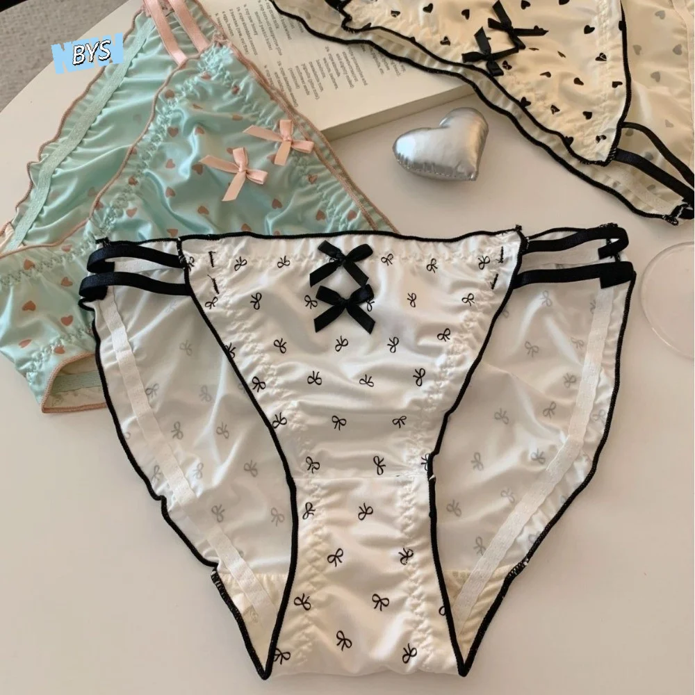 

Breathable Ruffle Satin Silk Panties Love Heart Low Waist Underwear for Women Hollow Leopard Print Sweet Bow Briefs Girl