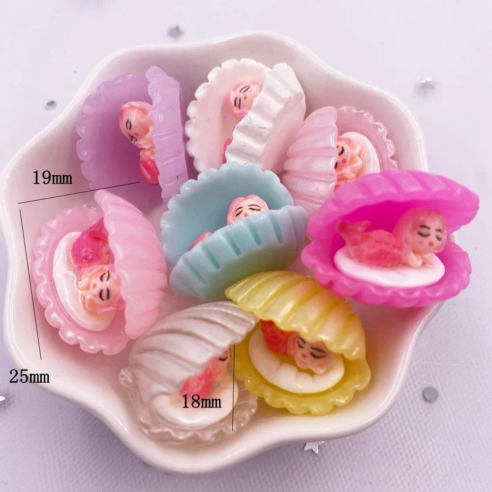 7PCS Colorful Resin 3D Open shell Mermaid Flatback Cabochon Scrapbook DIY Accessory Home Decor Figurine Crafts OM131 C