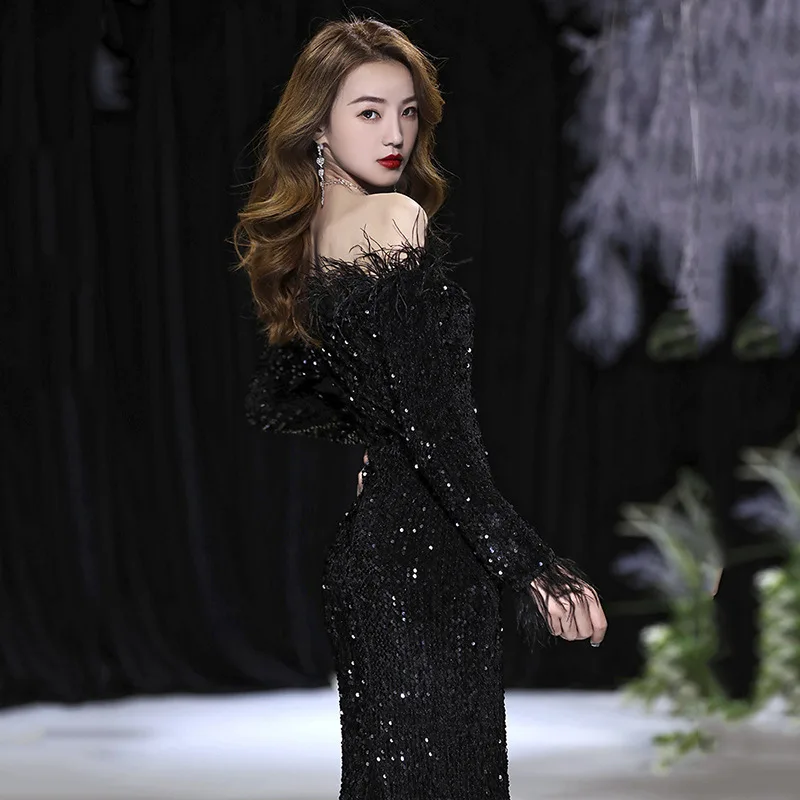 Robe de Soirée Sirène Noire à Paillettes pour Femme, Tenue de Cocktail Élégante et Exquise à Manches sulfet Plumes