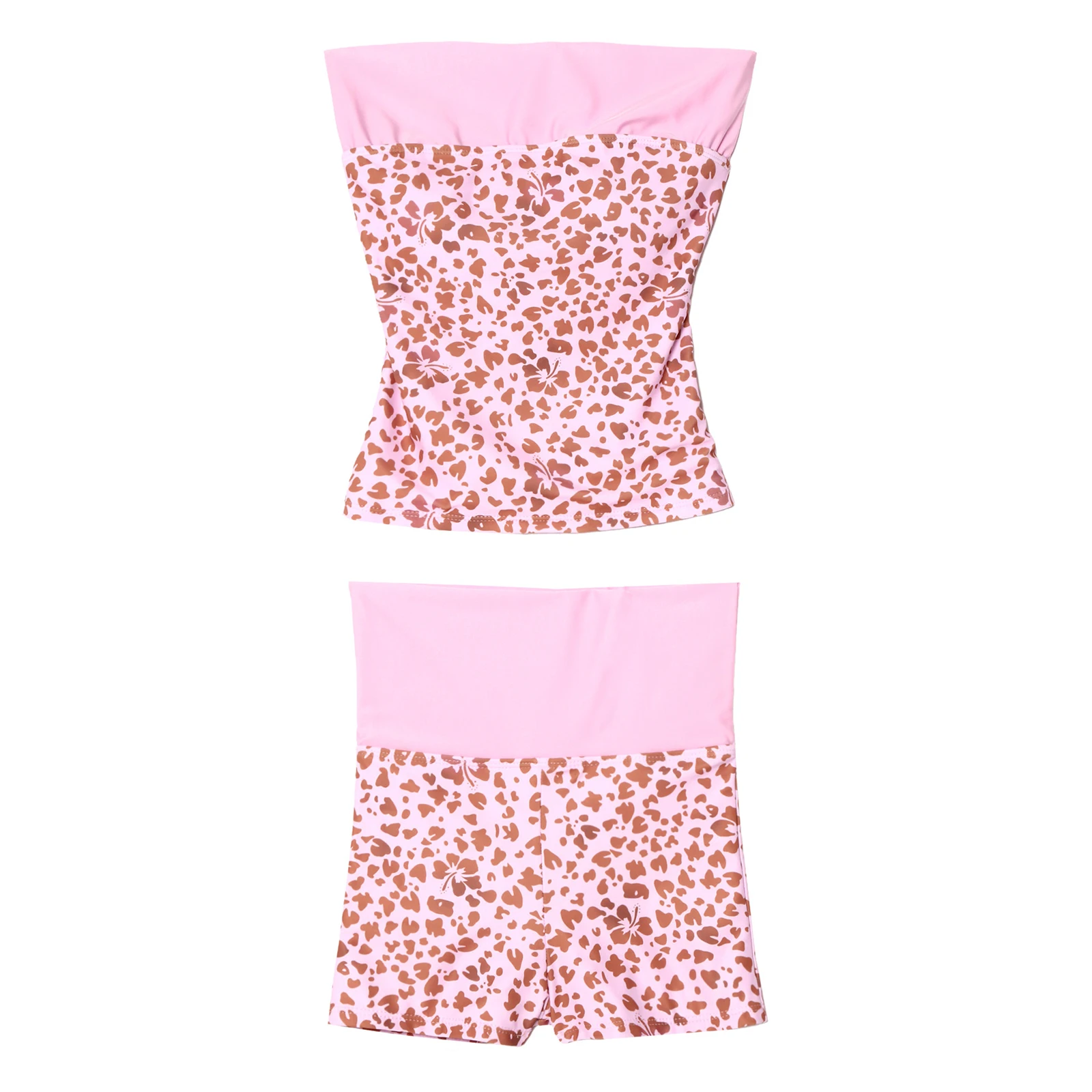 Womens Swim Sets Leopard Print Two-piece Swimsuit Strapless Tops with Shorts for Ocean Beachwear Surfing Swimming Sunbathing