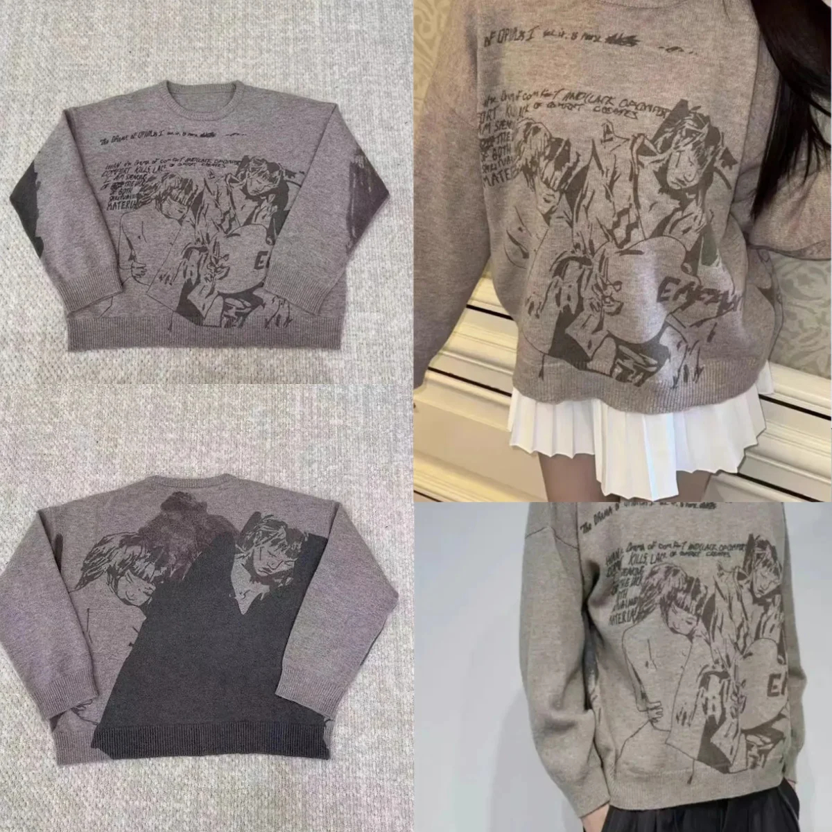 سترة مطبوعة بنمط رمادي أمريكي للرجال والنساء للخريف والشتاء على الطراز القوطي الشرير Y2K بلوفر أنيق غير رسمي