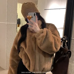2024 Maillard Brown Bear Cute New Jacket Coat Thickened Loose Warm Fury Short Top