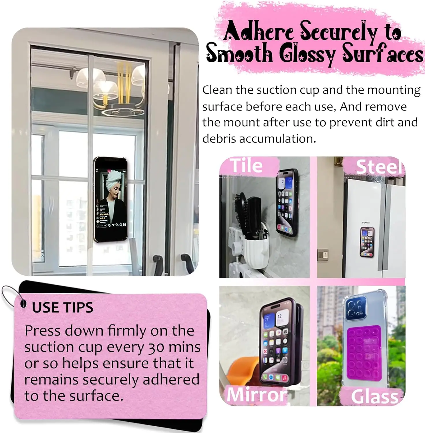 2 Pack Silicone Suction Phone Case Mount, Non Slip Sticky Phone Grip for CellPhone, Strong Grip Holder for Selfies and Videos