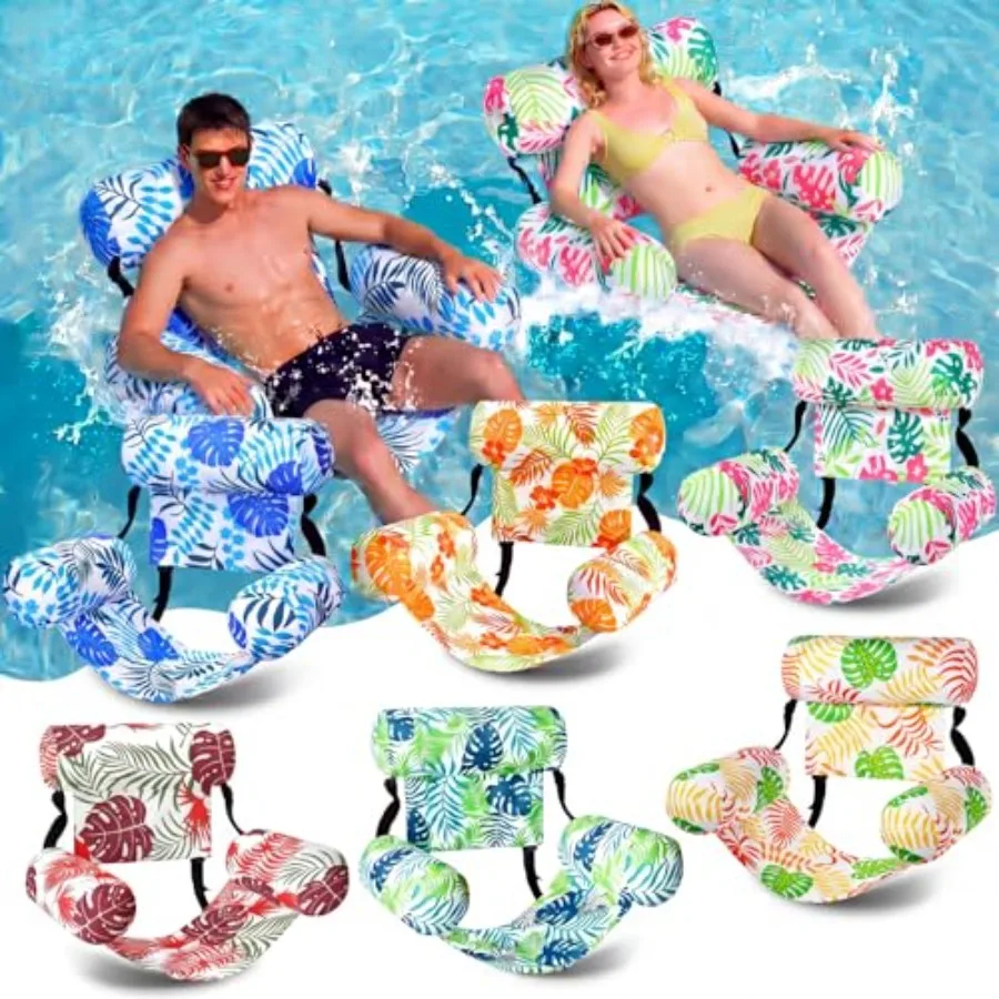 Summer Pool Floats For Adults: Inflatable Floating Chairs With Adjustable Hammock Design, Tropical Leaf Print, Green And Teal,