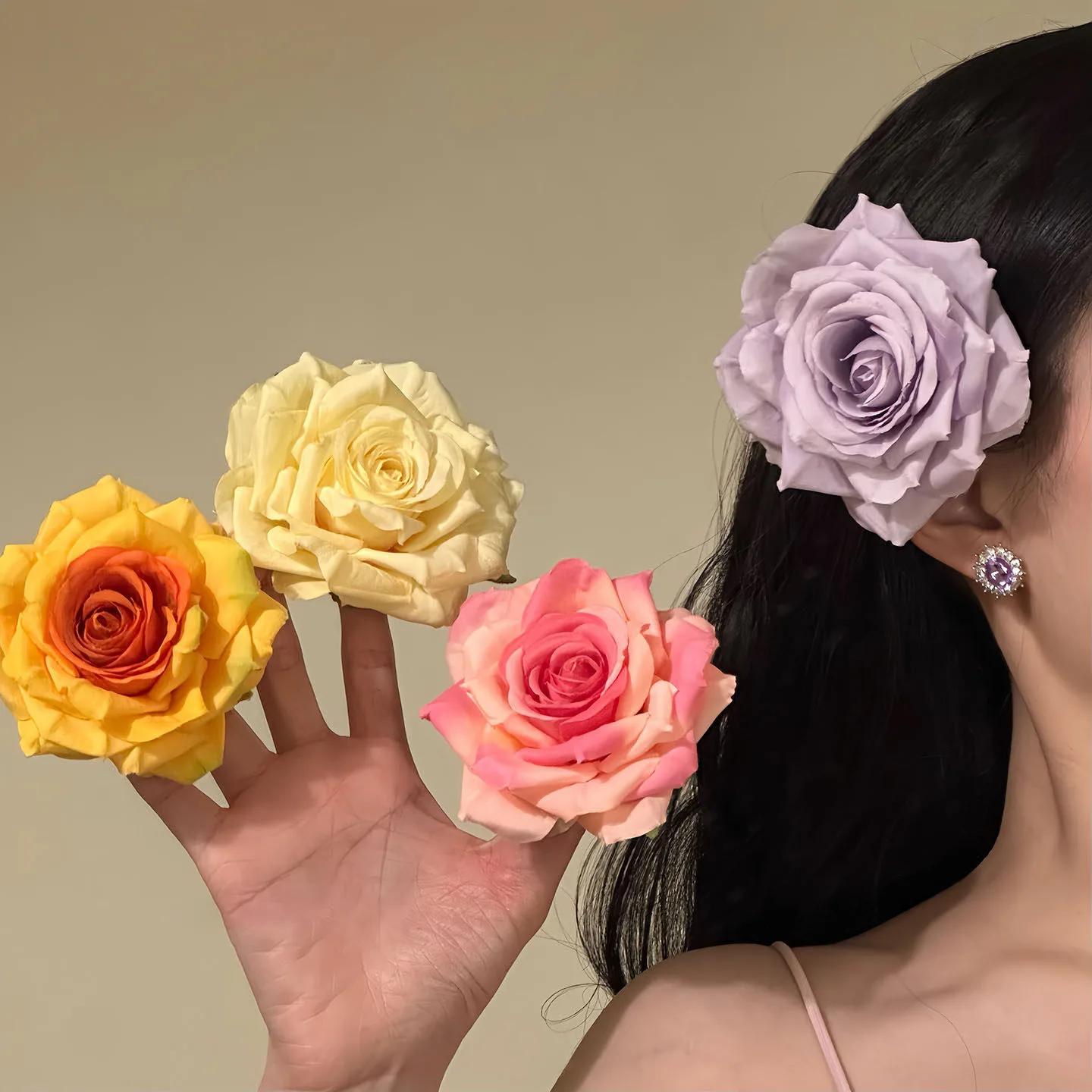

Diamond rose flower hairpin Side duck bill clip bangs clip fairy island vacation style photo headdress