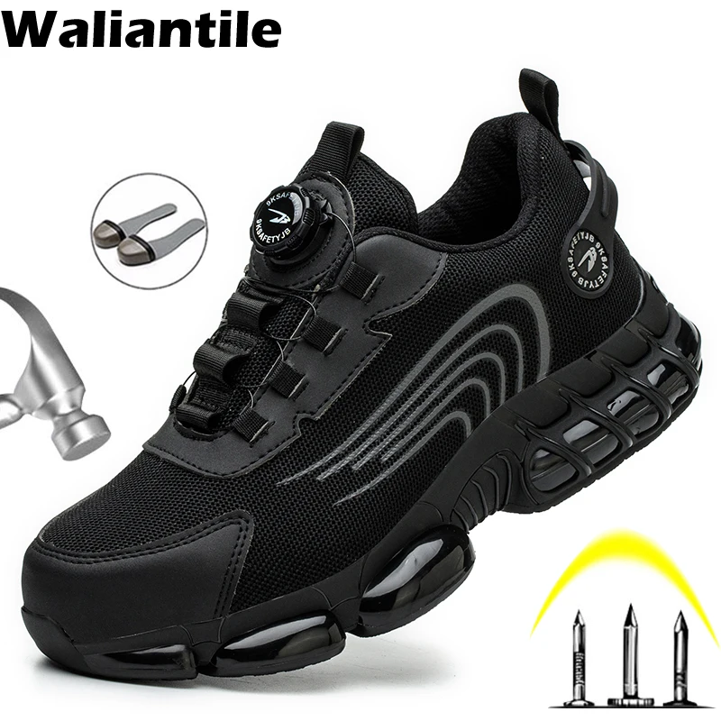 Waliantile Lace Free Men Safety Shoes Sneakers For Industrial Working Boots Puncture Proof Steel Toe Indestructible Work Shoes