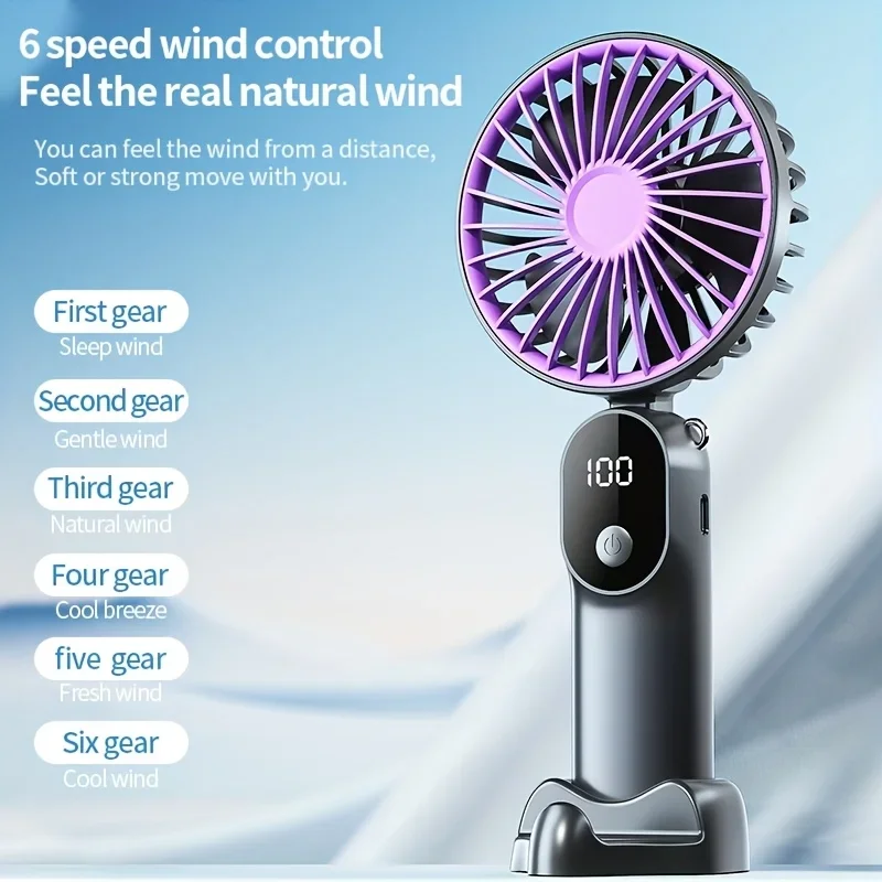 Handheld Mini Fan Foldable Portable Neck Hanging Fans  Speed USB Rechargeable Fan with Stand and Display Screen