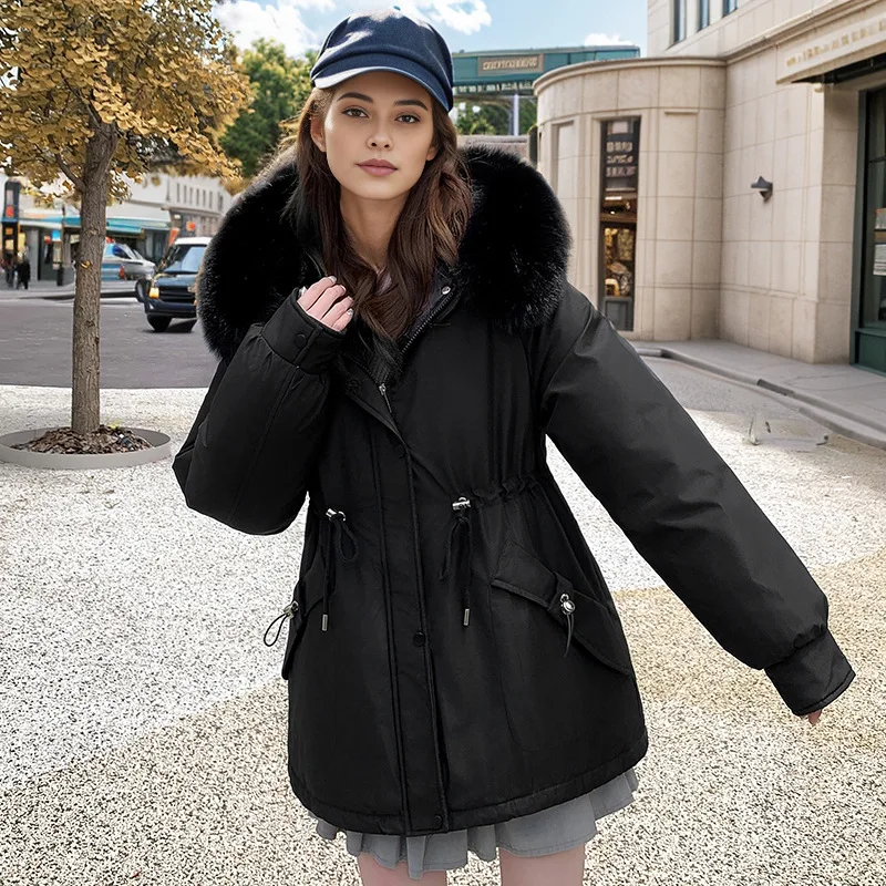 2024 Winter Women\'s Jacket Female Fur Collar Thicken Warm Cinching Parka Coats Women\'s 2 Pocket Drawstring Waist Cotton Jacket