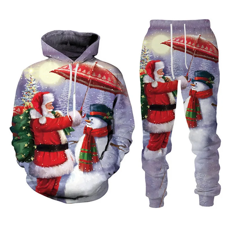 Men\'s Hoodie Sets Christmas Santa Claus Pattern Print 3D Hooded Sweatshirt Pants 2Pcs Suits Fall/Winter Oversized Couple Clothes