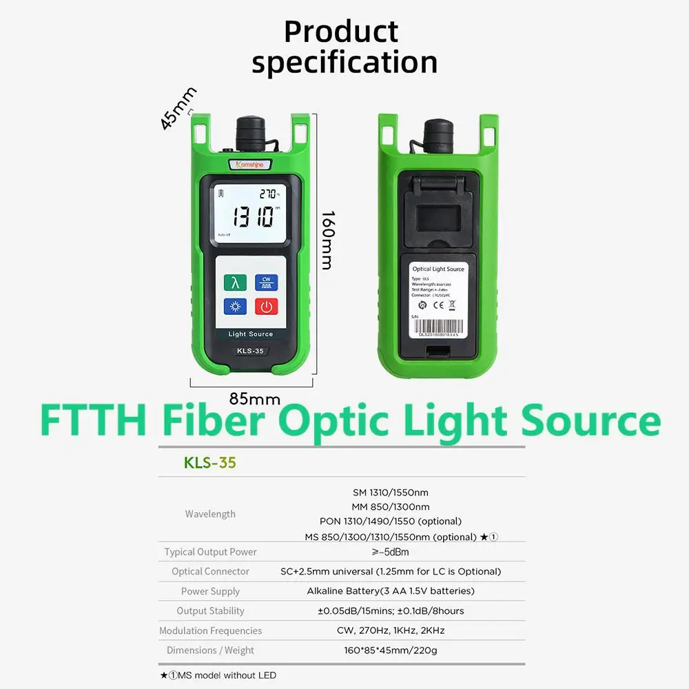 

Optic Fiber Tester KLS-35 Fiber Optic Light Source 1310/1550/850/1300/1310/1490/1550nm Support Self-Calibration Built LED Light