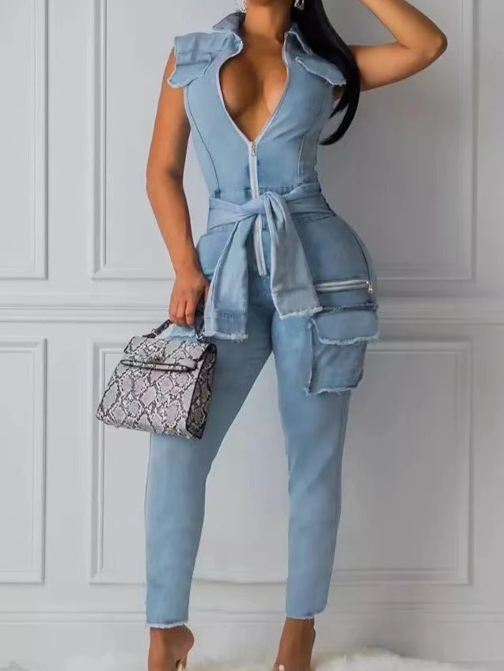 

New Women's Denim Romper Spring Summer Sleeveless Lapel Slim Comfortable Casual Solid Color Female Romper Pants