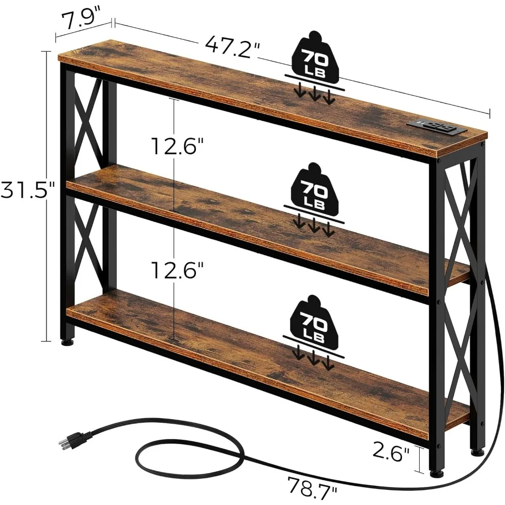 Mesa do sofá com estação de carregamento, console estreito de 3 camadas, prateleira do armazenamento e tomada