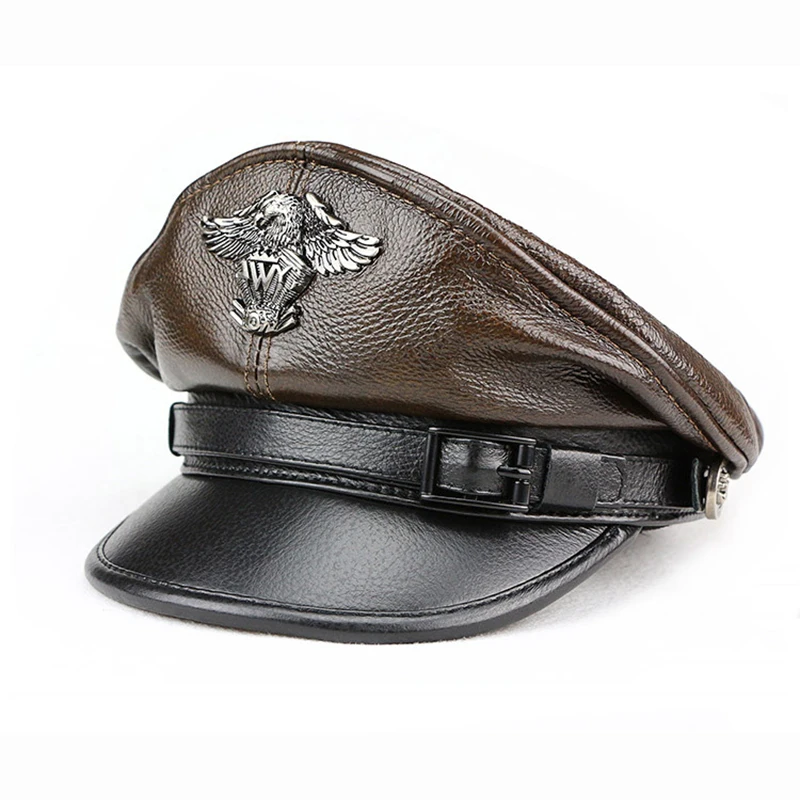 New Retro Military Caps For Men Male Genuine Leather Flat Top Hats European American Captain Locomotive Chapeau