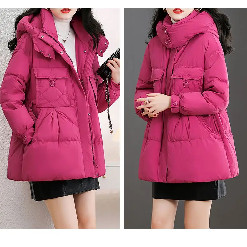 

Winter Hooded Medium Length Puffer Coat Women Down Jackets Snow Wear Overcoat Thicken Warm New Loose Hooded Chaqueta B05