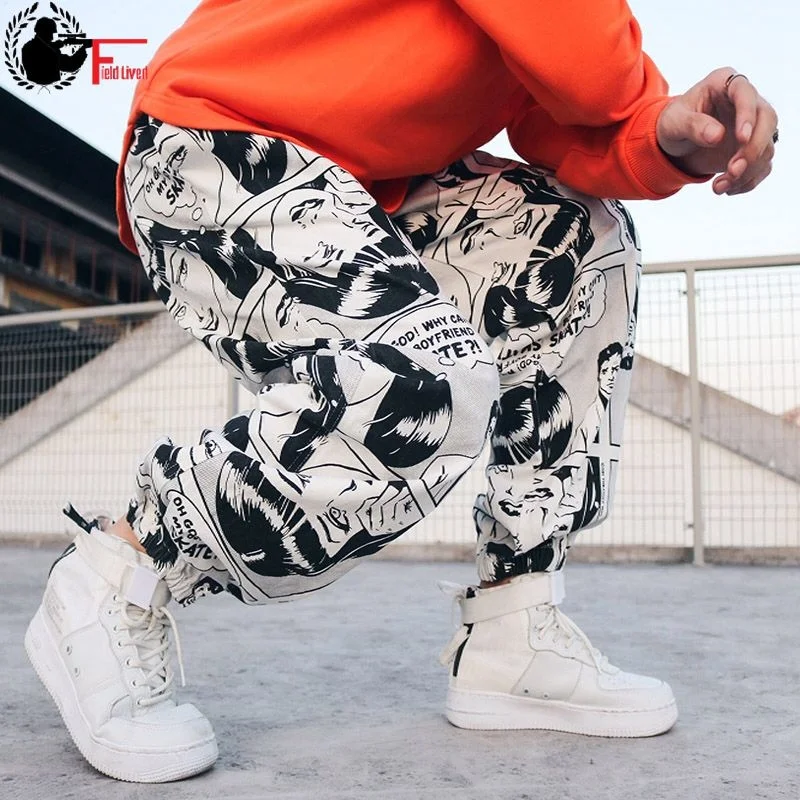 Hip Hop Harem Pants Mens Baggy Graphic Print Joggers Fashion Cotton Loose Streetwear Trousers Male Hiphop Dance Drop Crotch Pant