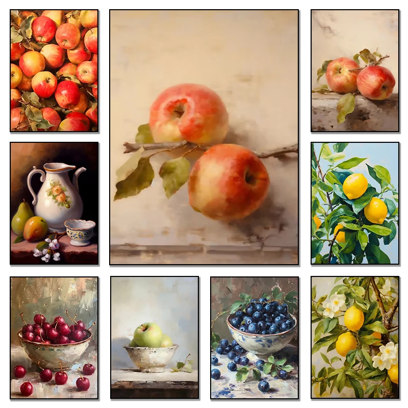 Póster de pintura en lienzo de naturaleza muerta con árbol de limón y manzana, estampado de fruta Vintage, arte de pared de cocina antiguo botánico Neutral, decoración del hogar