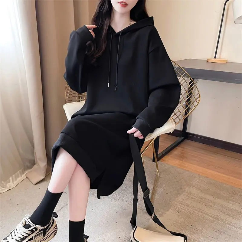 Casual Solid Hooded Sweatshirt Midi Length Women Fashion Korean Loose Long Sleeve Pullover Hoodies Autumn Winter Split Pull Tops