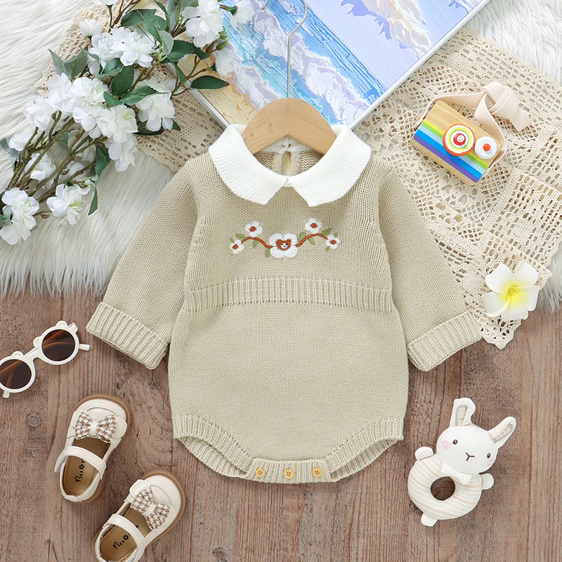 

Baby Bodysuits Knit Toddler Child Clothes 0-18M Overalls Fashion Embroidered Floral Infant Boy Newborn Girl Jumpsuit Long Sleeve