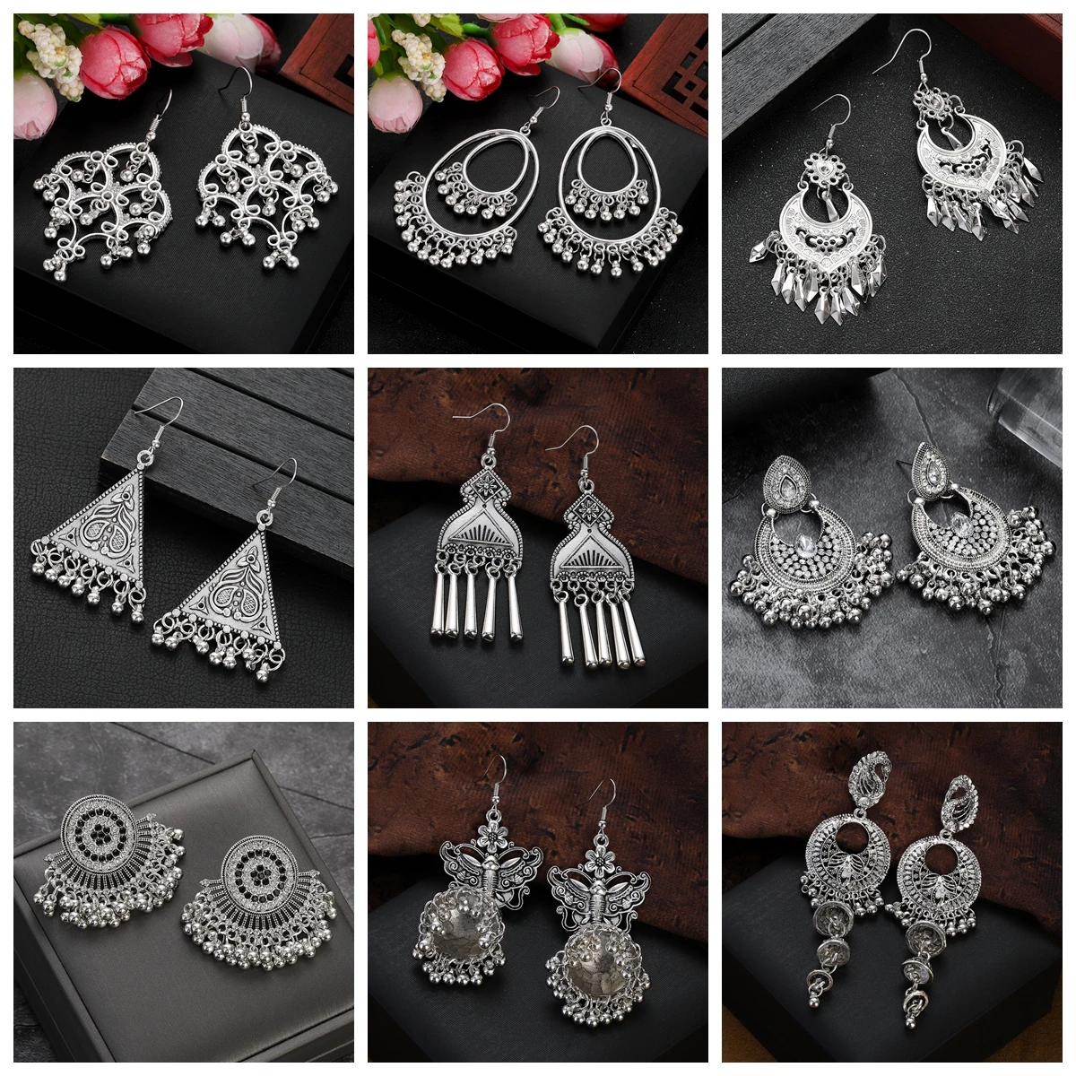 Vintage Silver Color Bohemian Earrings for Women Geometric Tassel Jewelry Metal Carved Round Heart Shape Dangle Earrings Gift