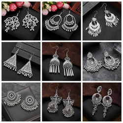 Vintage Silver Color Bohemian Earrings for Women Geometric Tassel Jewelry Metal Carved Round Heart Shape Dangle Earrings Gift