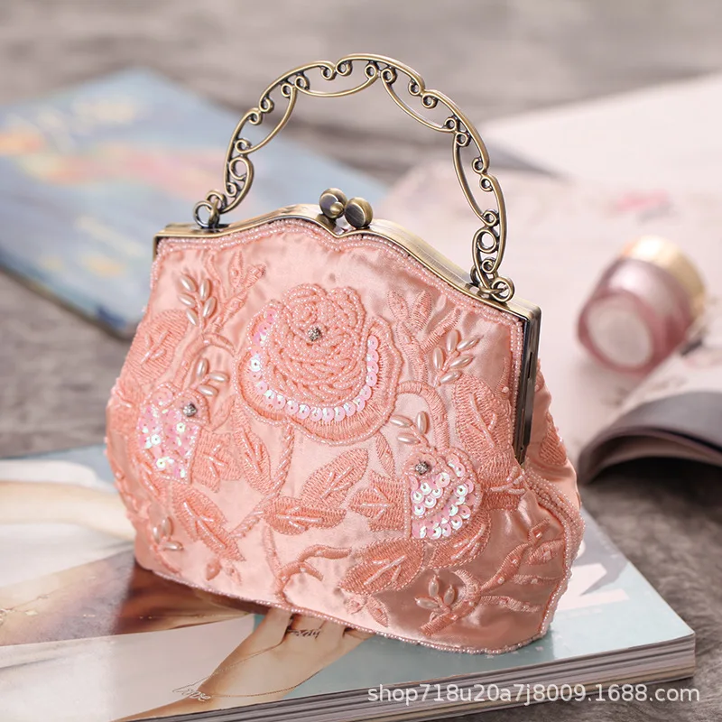 

Lost in Vintage Evening Bag Decorated with Handmade Beads Floral Patterns Sequins Rhinestones Clutch Purse Detachable Chains