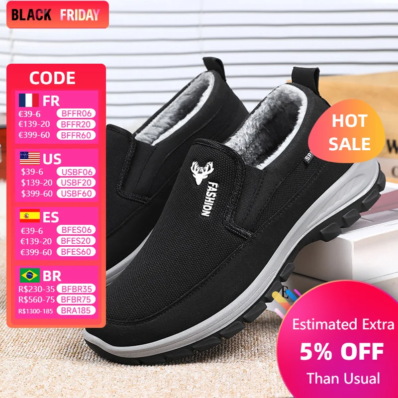 Men Tennis Shoes Warm Breathable Soft Bottom Non -Slip Casual Shoes Plus Velvet Comfort Slip-On Walking Winter Vulcanized Shoes