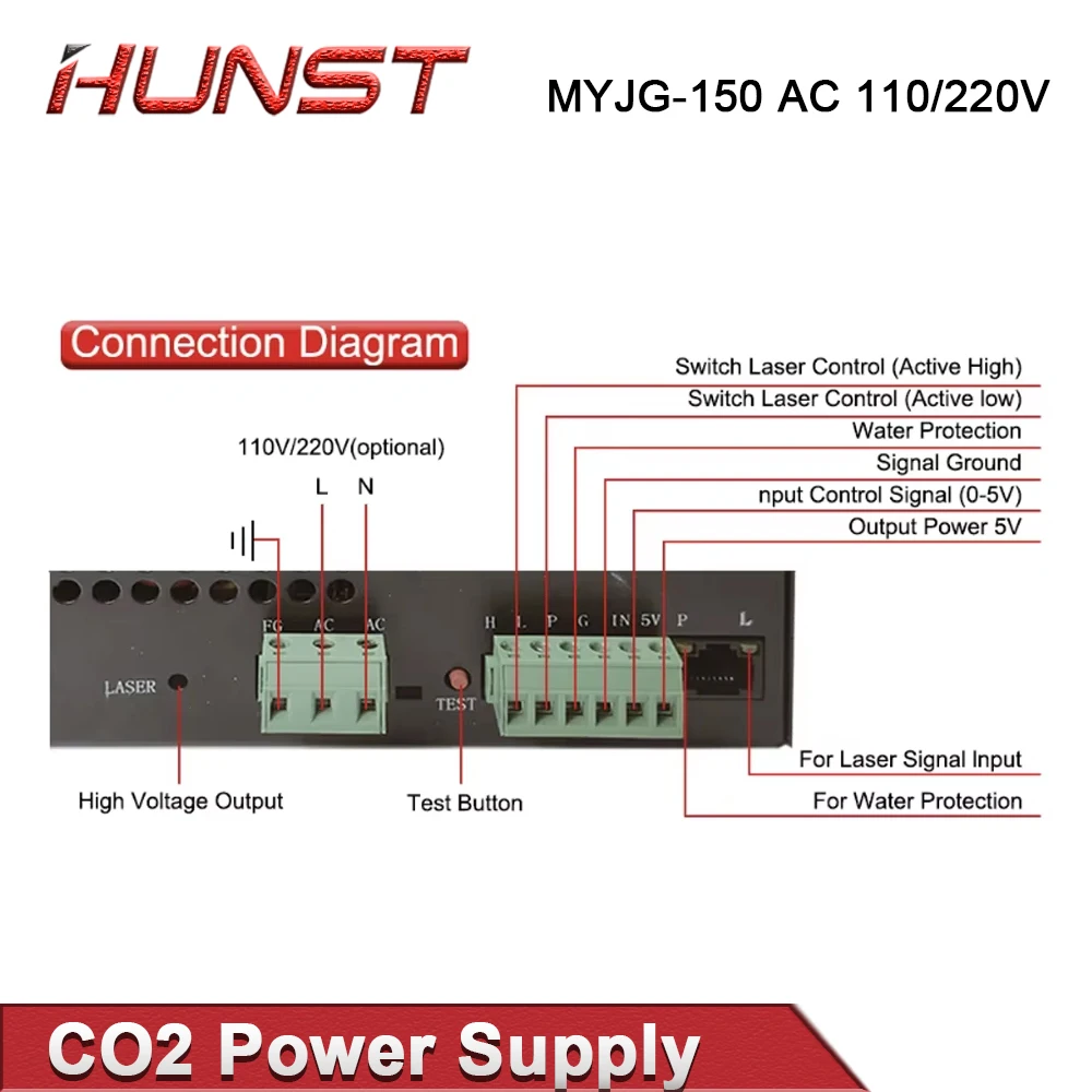 HUNST CO2 Laser Power Supply MYJG-150W Supports 100W/120W/130W /150W CO2 Engraving Machine Laser Tubes.