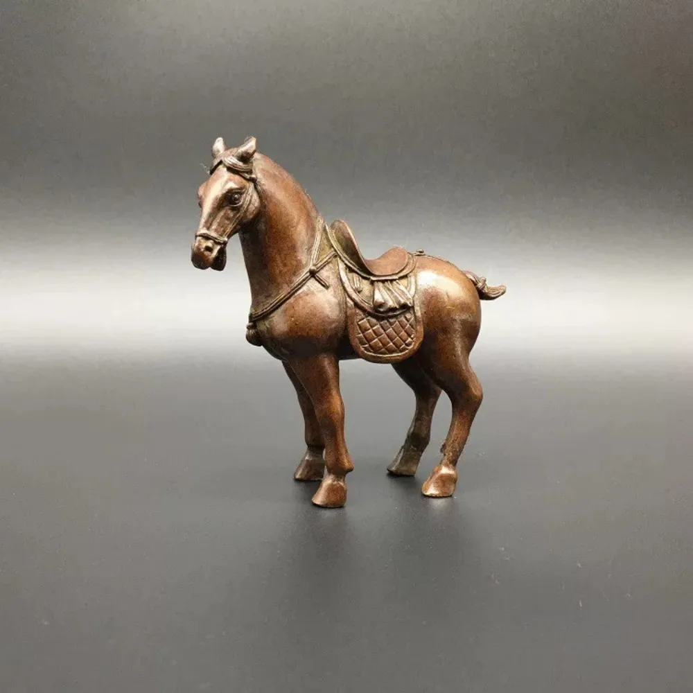 Solid Brass Small Tang Horse Statue Antique Patina Standing Steed with Saddle Tea Pet Handpiece Desk Gift