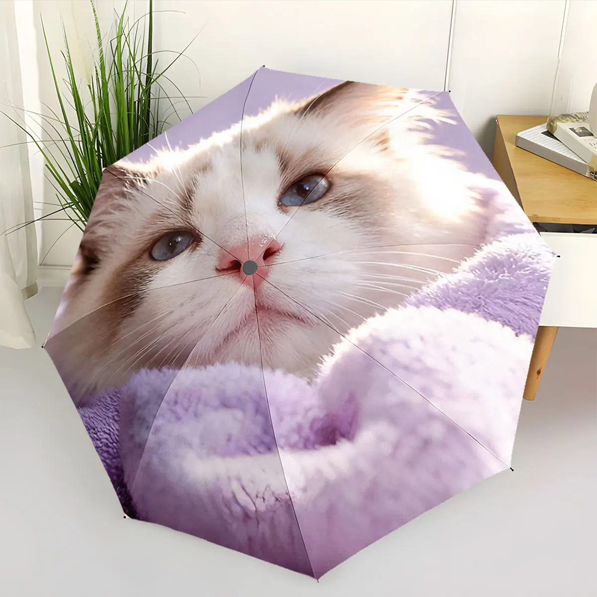 1PC Cat Portrait Umbrella: A Feline Design Print 8 Iron Ribs Folding Umbrella Auto-Open Fashion Sunshade