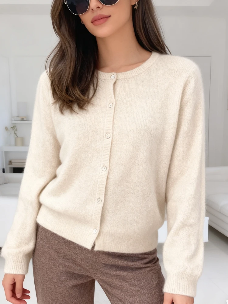 سترة نسائية محبوكة بأكمام طويلة ورقبة دائرية للخريف والشتاء، سترة كاجوال ناعمة، ملابس خارجية دافئة أنيقة للاستخدام اليومي #1