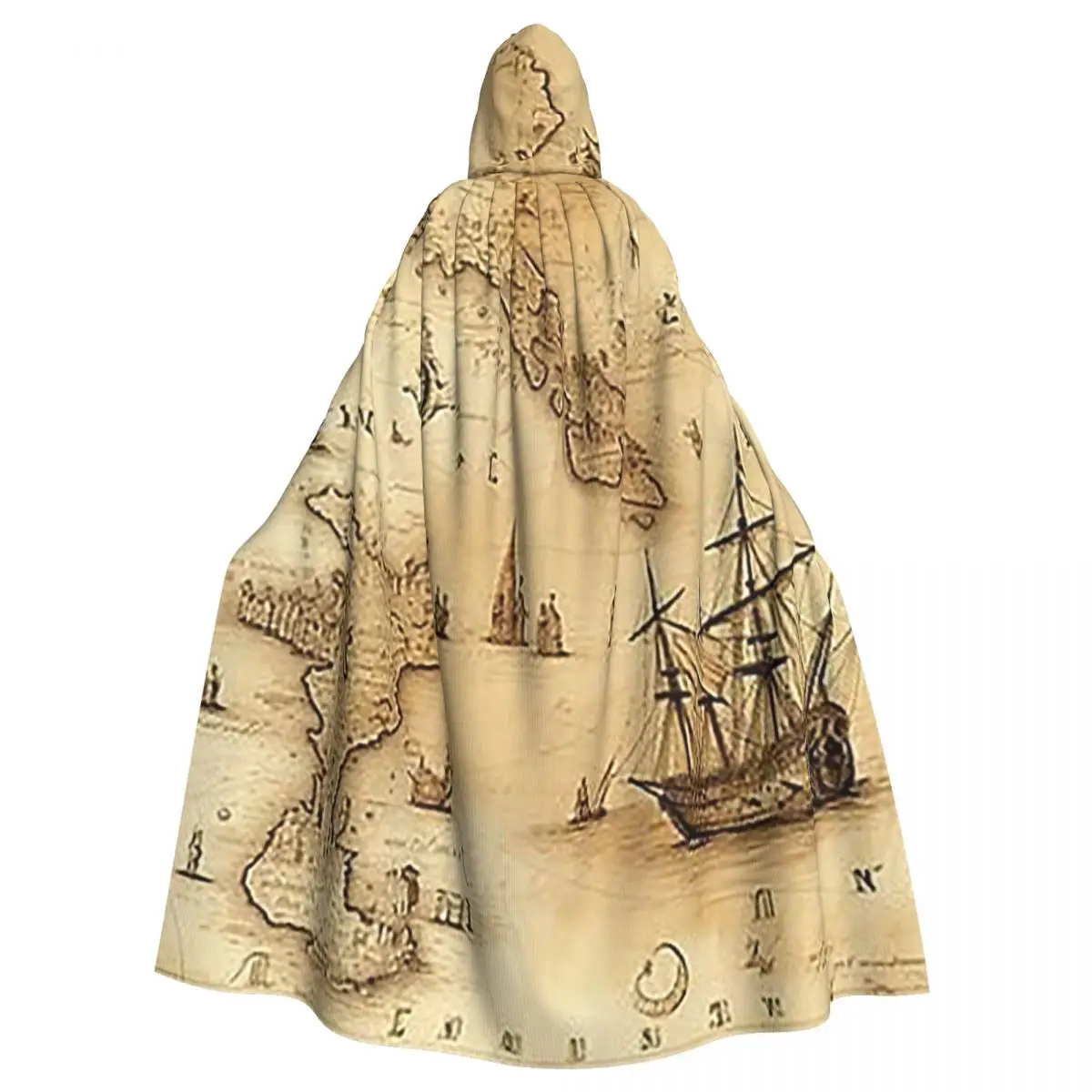Vintage Pirats Map Pattern Long Hooded Cloak Witch Medieval Costume Cosplay Cape HalloweenVampire Adult Unisex