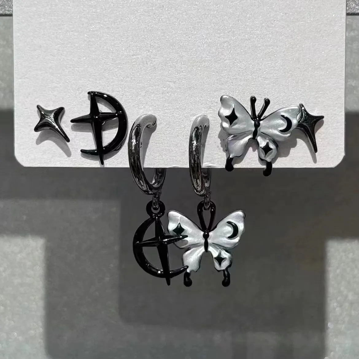 6PCS Set Goth Black Crystal Star Black Butterfly Dangle Earring For Women Girl Vintage Aesthetic Trendy Y2K Jewelry Accessories
