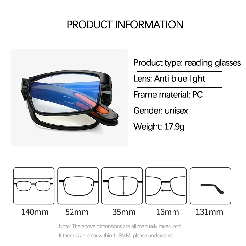 Klappbare Lesebrille mit Etui, Anti-Blaulicht-Brille, Presbyopie, Retro, Unisex, Taschenbrille, tragbare Brille für Männer und Frauen – Detail 3