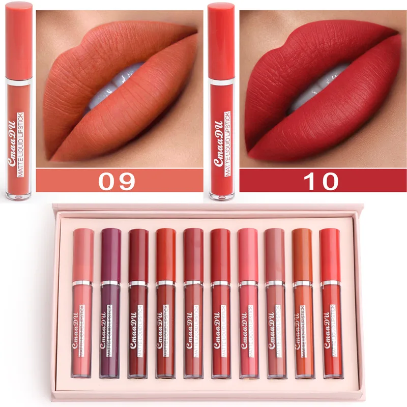 CmaaDu nuevo 10 colores/juego impermeable mate lápiz labial desnudo brillo de labios pigmento rojo oscuro brillo de labios hidratante lápiz labial Kit de maquillaje para mujer