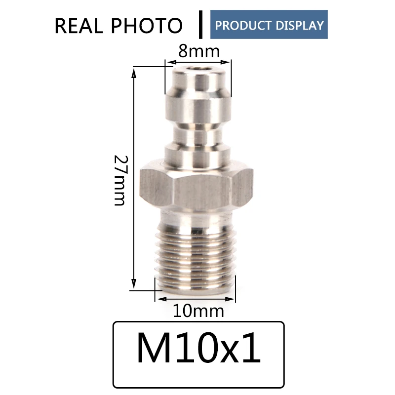 Acoplador rápido 8mm macho plug adaptador acessórios 1/8npt 1/8bspp m10x1 rosca recarga de ar aço inoxidável 3 pc/set