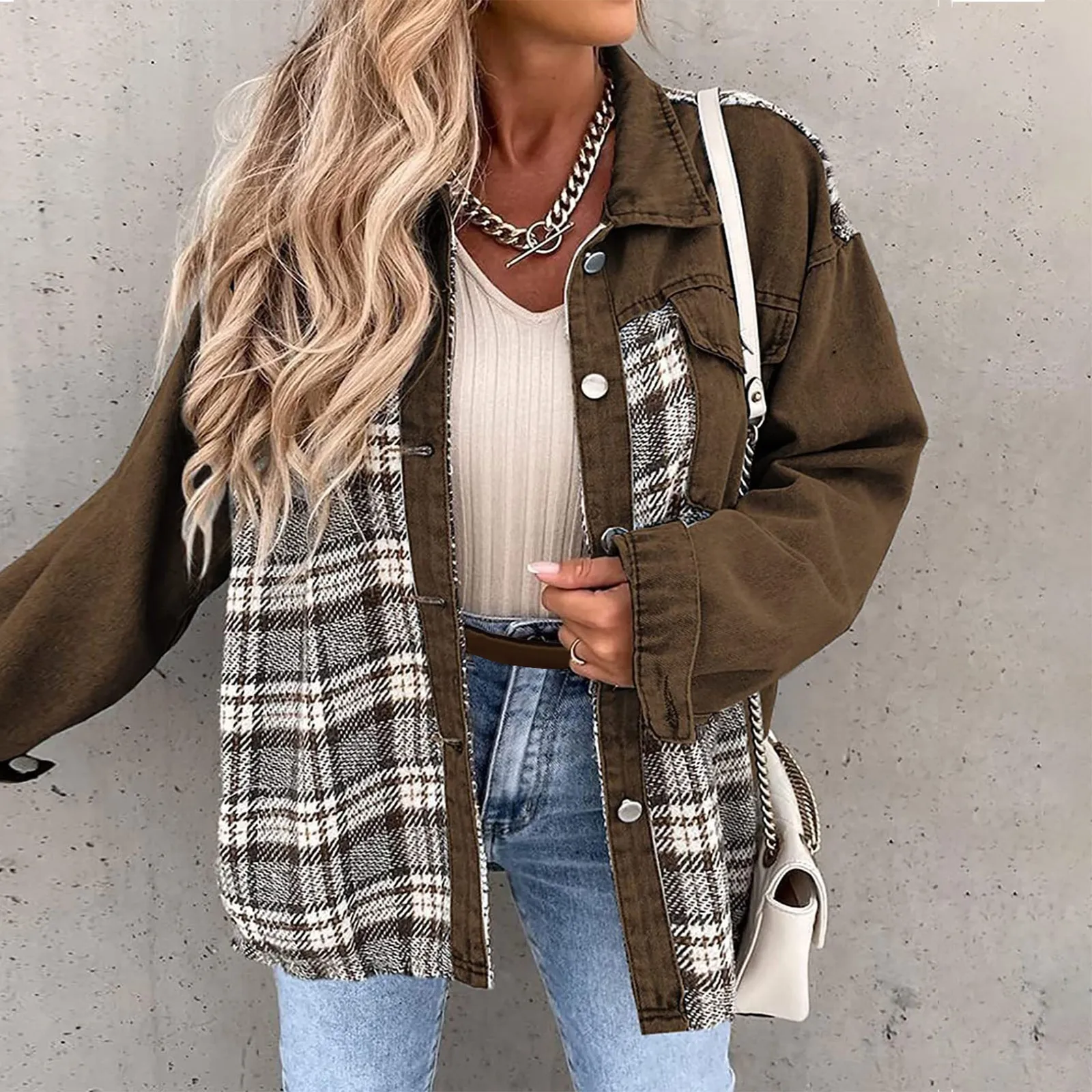 

Fashion Casual Denim Jacket Women Winter Loose Plaid Long Sleeve Coats Vintage Outdoor Streetwear Youth Female Tops