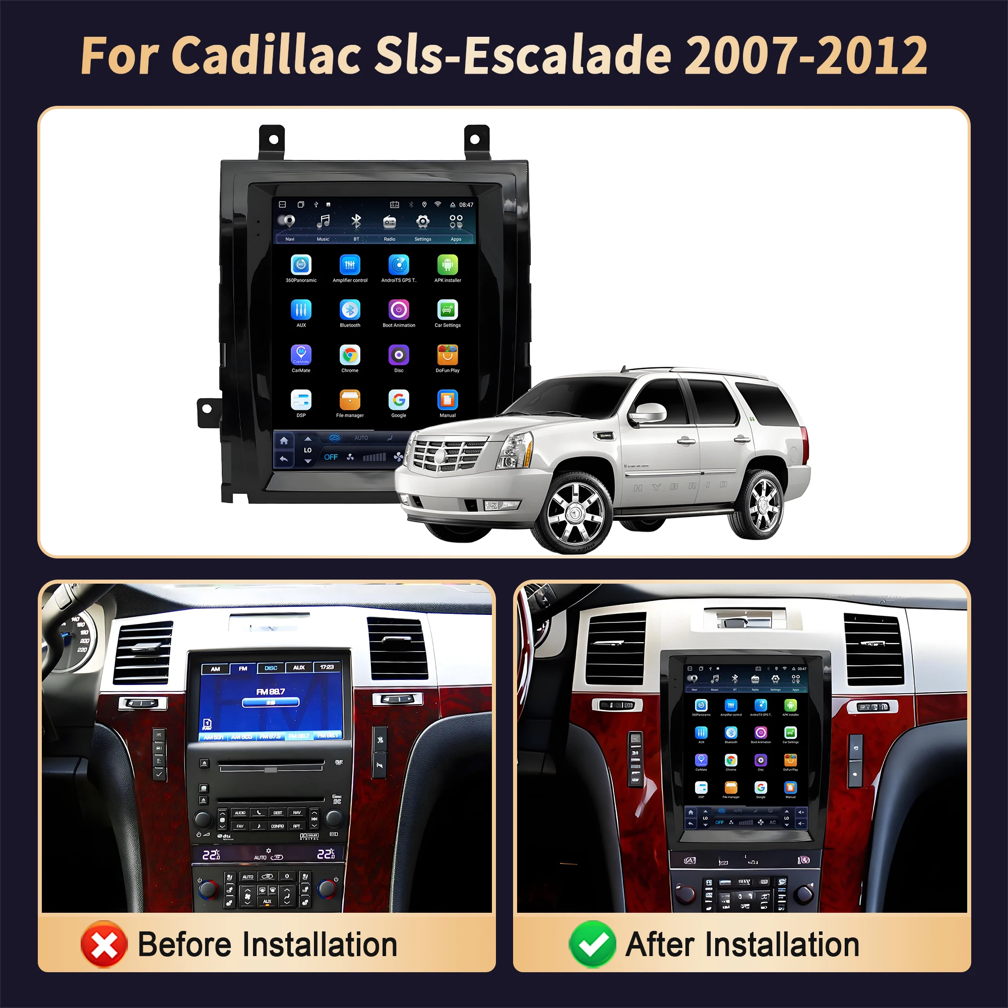 9.7inch Car Radio Multimedia Carplay 4G GPS For Cadillac Sls-Escalade 2007-2012 Android 14 Stereo Navigation Head Unit Screen