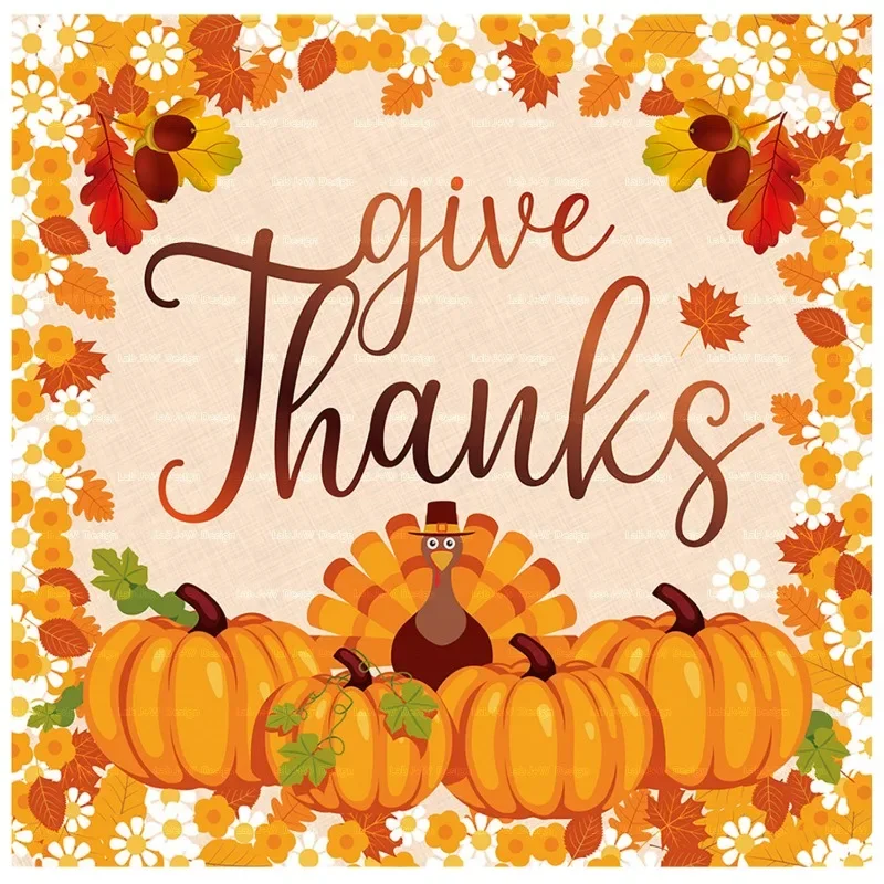 20pcs 33cm 2-Ply Thanksgiving Elements Pumpkin Autumn Tissue Paper Napkins Yellow Background Turkey Full Page Print Napkins